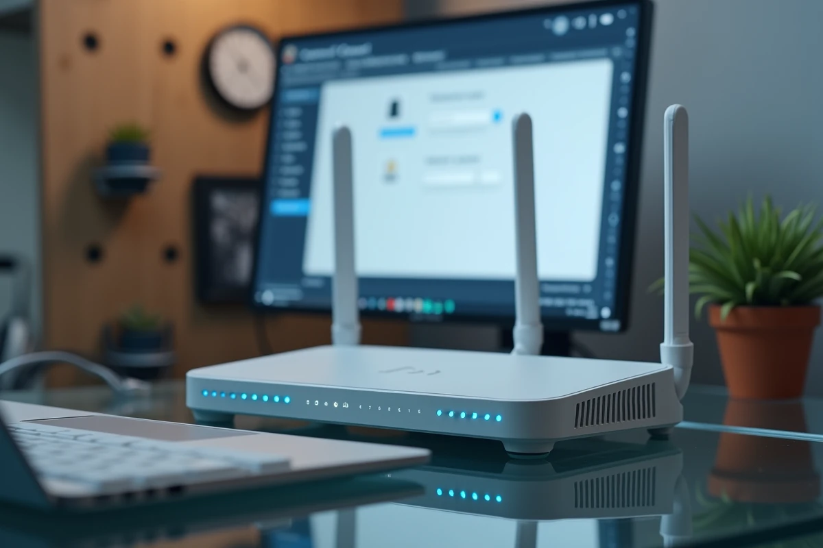 Gros plan sur une Freebox Revolution posée sur un bureau avec l'interface de configuration réseau visible en arrière-plan
