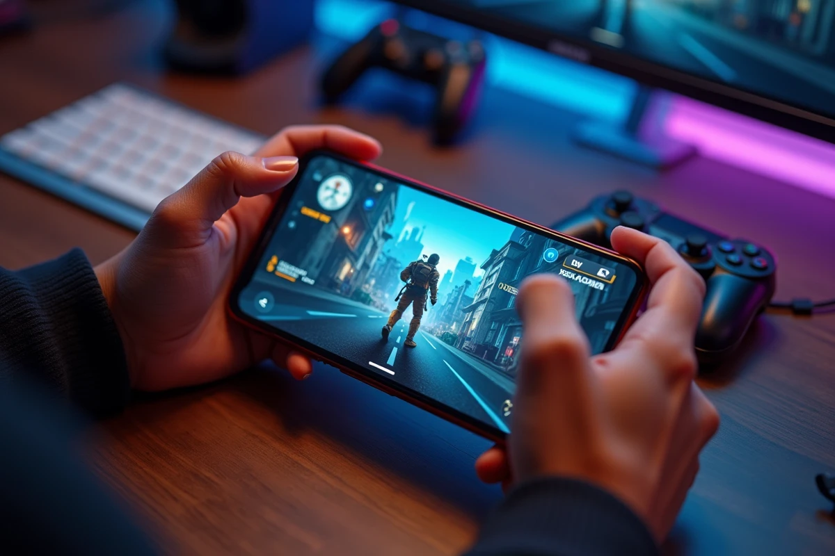 Gros plan de mains tenant un Google Pixel 9 Pro XL en mode paysage pour jouer à un jeu mobile