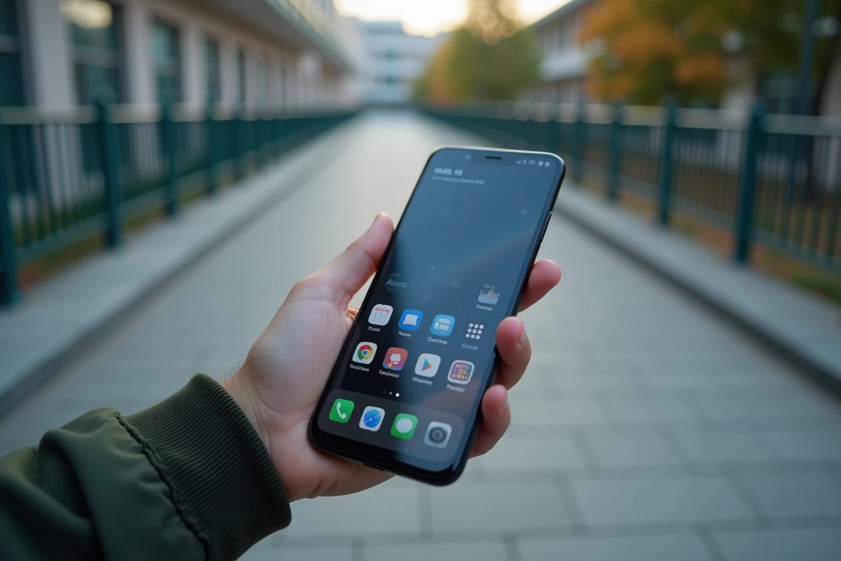 Gros plan sur un Xiaomi 15 tenu par un adolescent dans une cour de lycée