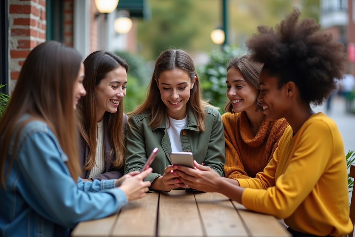 Groupe de jeunes discutant d une application mobile en extérieur