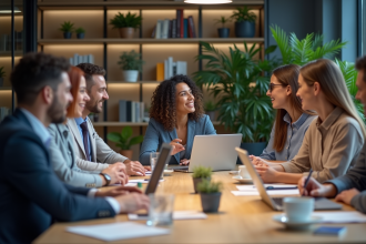 Groupe de six adultes en réunion de travail dans un bureau moderne