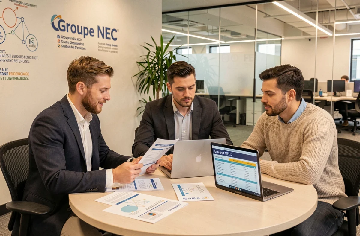 Équipe du Groupe NECC collaborant sur un audit de sécurité informatique autour d'une table de réunion