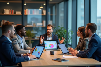 Groupe de professionnels en réunion dans un bureau moderne