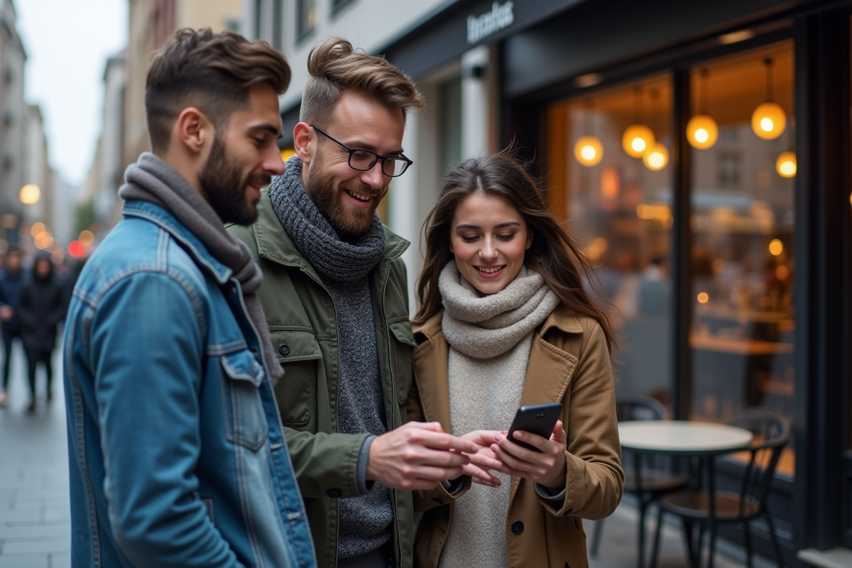 Groupe de jeunes regardant une carte AR en ville