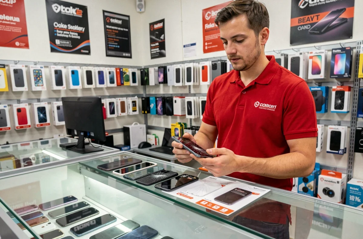 Technicien GSM tenant un smartphone démonté avec kit de remplacement d'écran dans une boutique de réparation