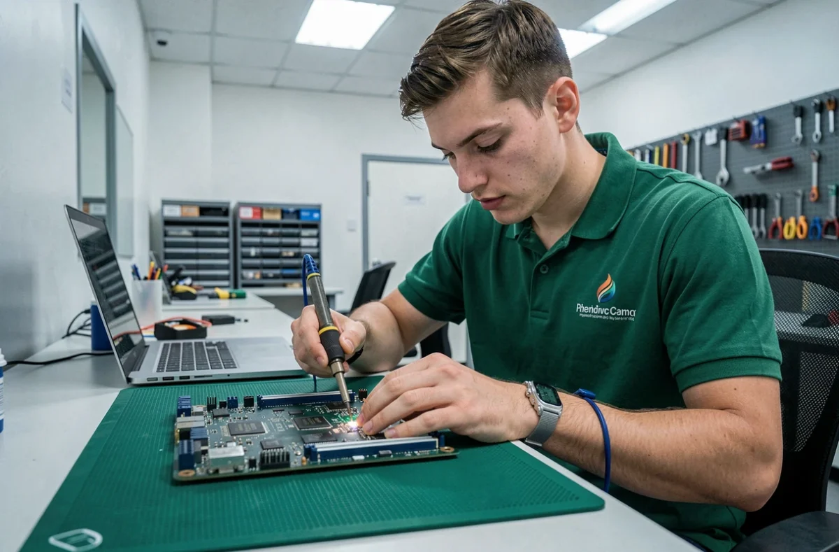Technicien Handy réalisant une soudure sur une carte mère d'ordinateur portable dans un centre de réparation