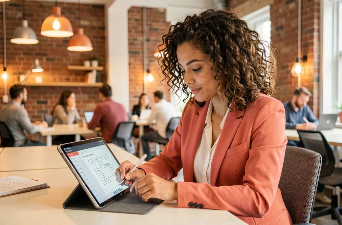 Consultante numérique de Hello Pomelo travaillant sur des solutions de sécurité digitale dans un espace de coworking