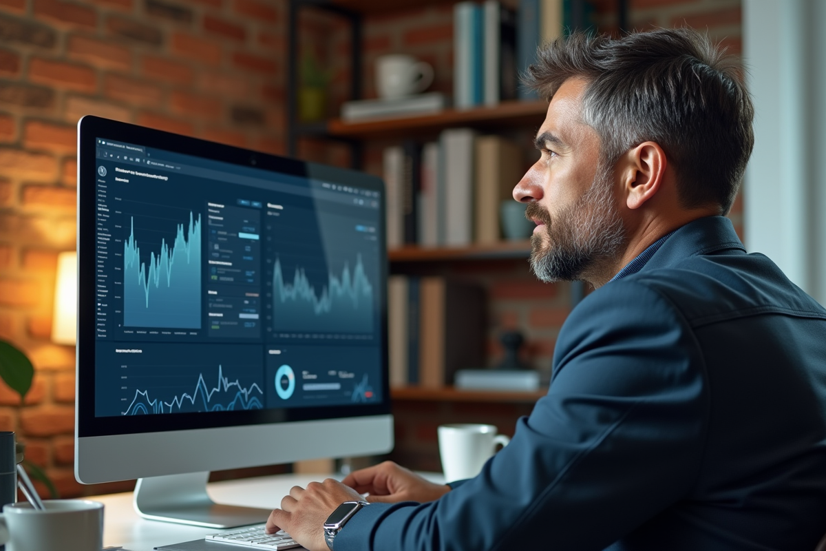 Homme d affaires analysant des statistiques sur son ordinateur