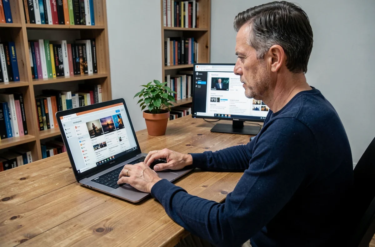 Homme utilisant une application TV par internet sur ordinateur portable dans un bureau à domicile