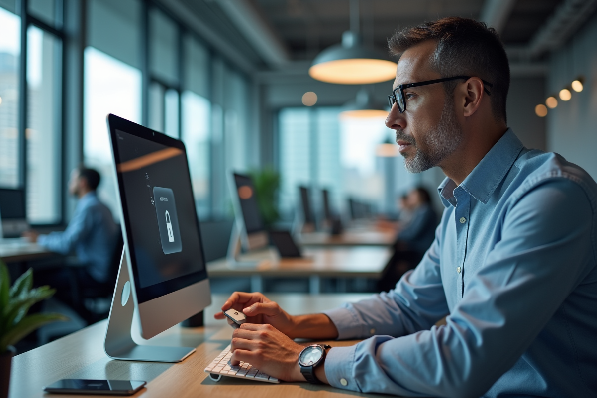 Homme d age moyen manipulant un jeton de sécurité au bureau