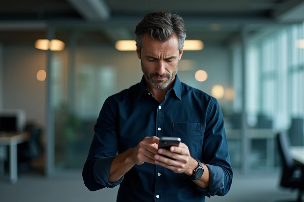 Homme vérifiant une notification d'authentification à deux facteurs sur son smartphone dans un environnement de bureau professionnel