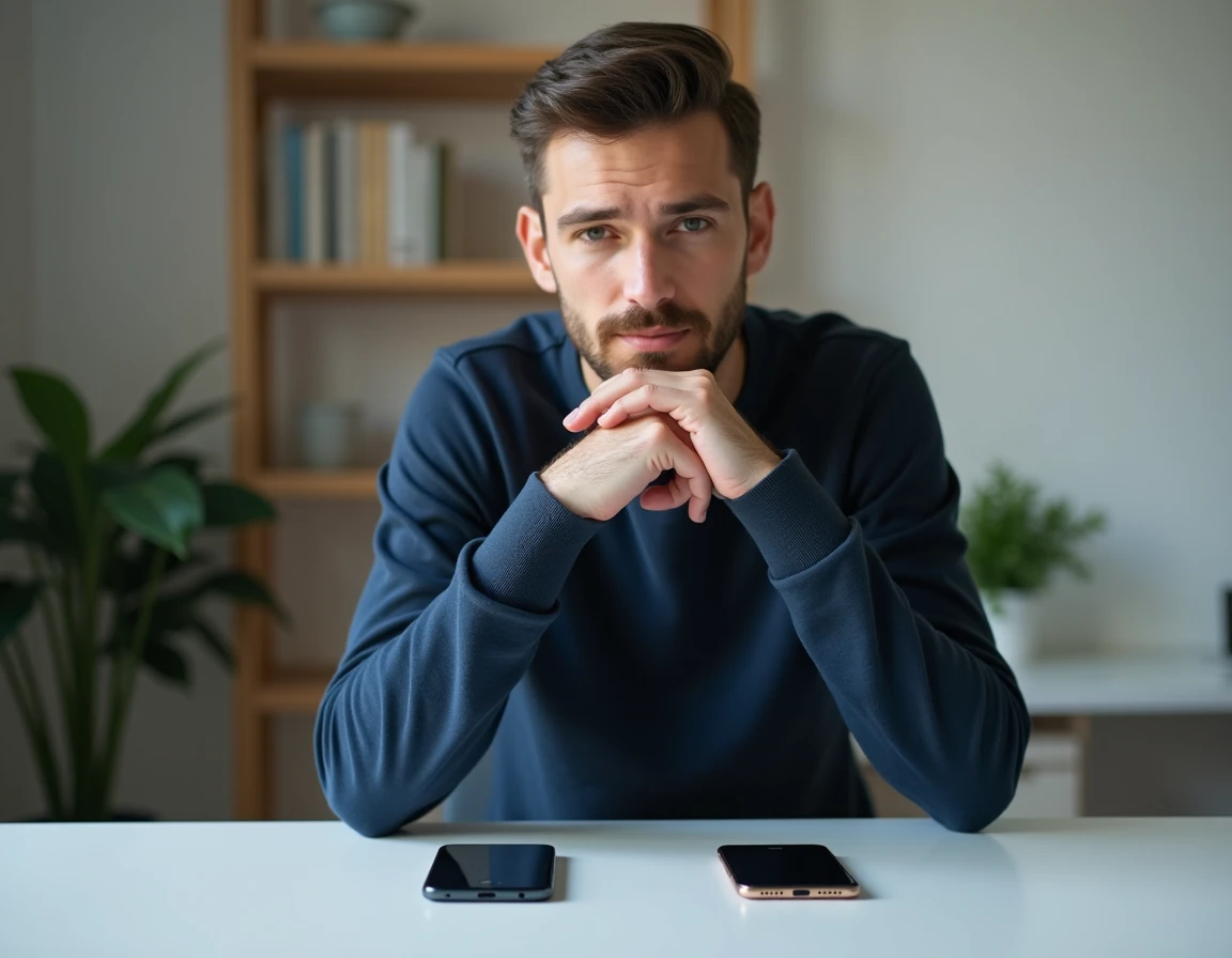 Homme en bureau comparant deux smartphones affichant ChatGPT WhatsApp et l'application officielle OpenAI