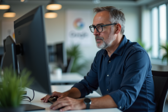 Homme d'âge moyen au bureau regardant l'écran avec souci