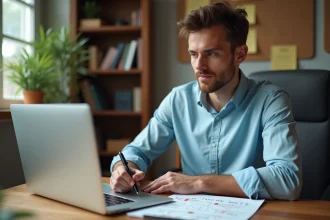 Homme adulte assis à un bureau en bois prenant des notes sur la différence entre internet et le web