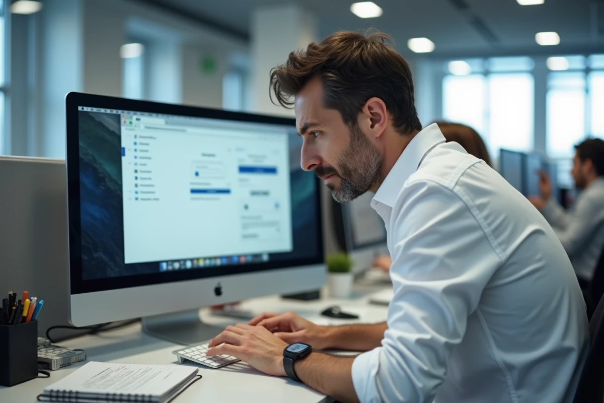 Homme au bureau tentant de résoudre un problème de connexion à laposte messagerie après avoir changé de navigateur web