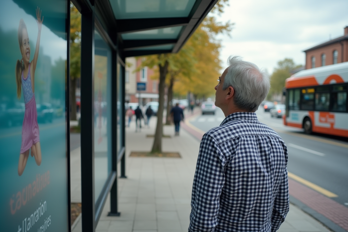 Homme regardant une publicité sur un panneau digital en ville