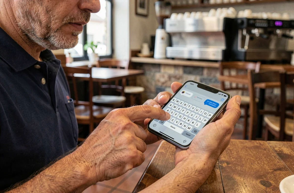 Homme en café tenant un smartphone affichant les options d'accents sur clavier pour saisir un È majuscule