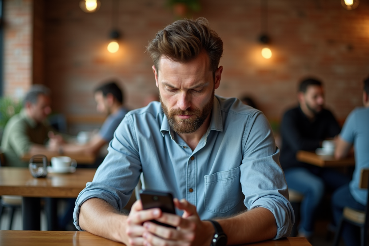 Homme détendu utilisant son smartphone dans un café