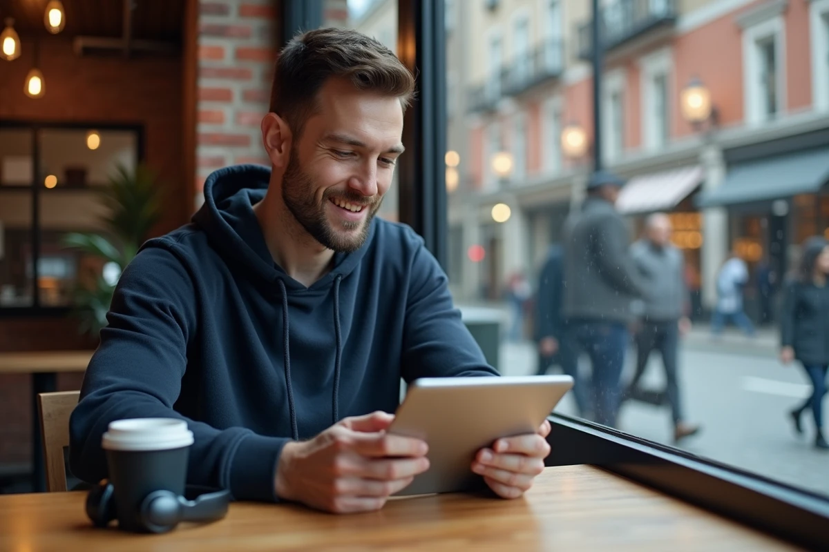 Jeune homme téléchargeant une vidéo au café