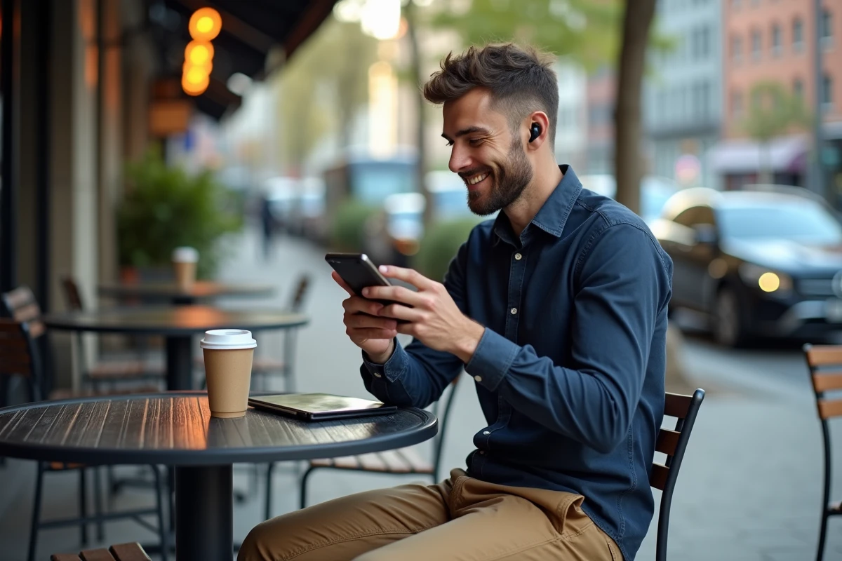 Homme au café utilisant son smartphone avec écouteurs en extérieur