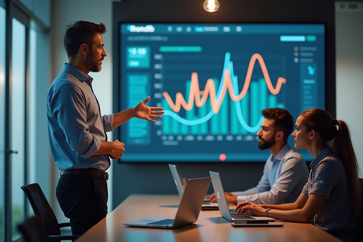 Homme en réunion avec diagramme mongodb et collègues