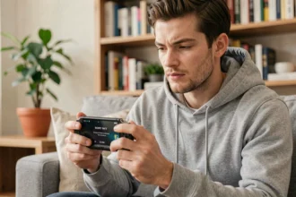 Jeune homme tenant une console portable Sony sur un canapé dans un salon moderne, regard concentré sur l'écran