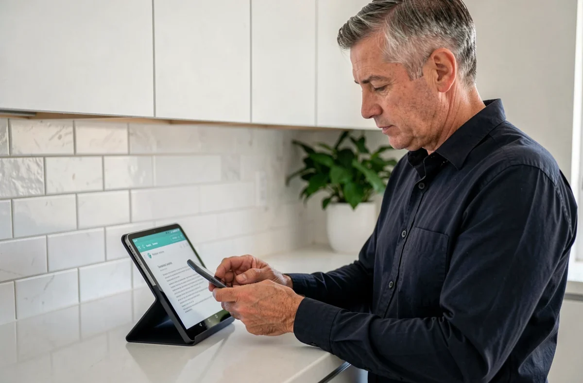 Homme consultant son smartphone Android et une tablette posée sur un support dans une cuisine, représentant la synchronisation du presse-papier Android