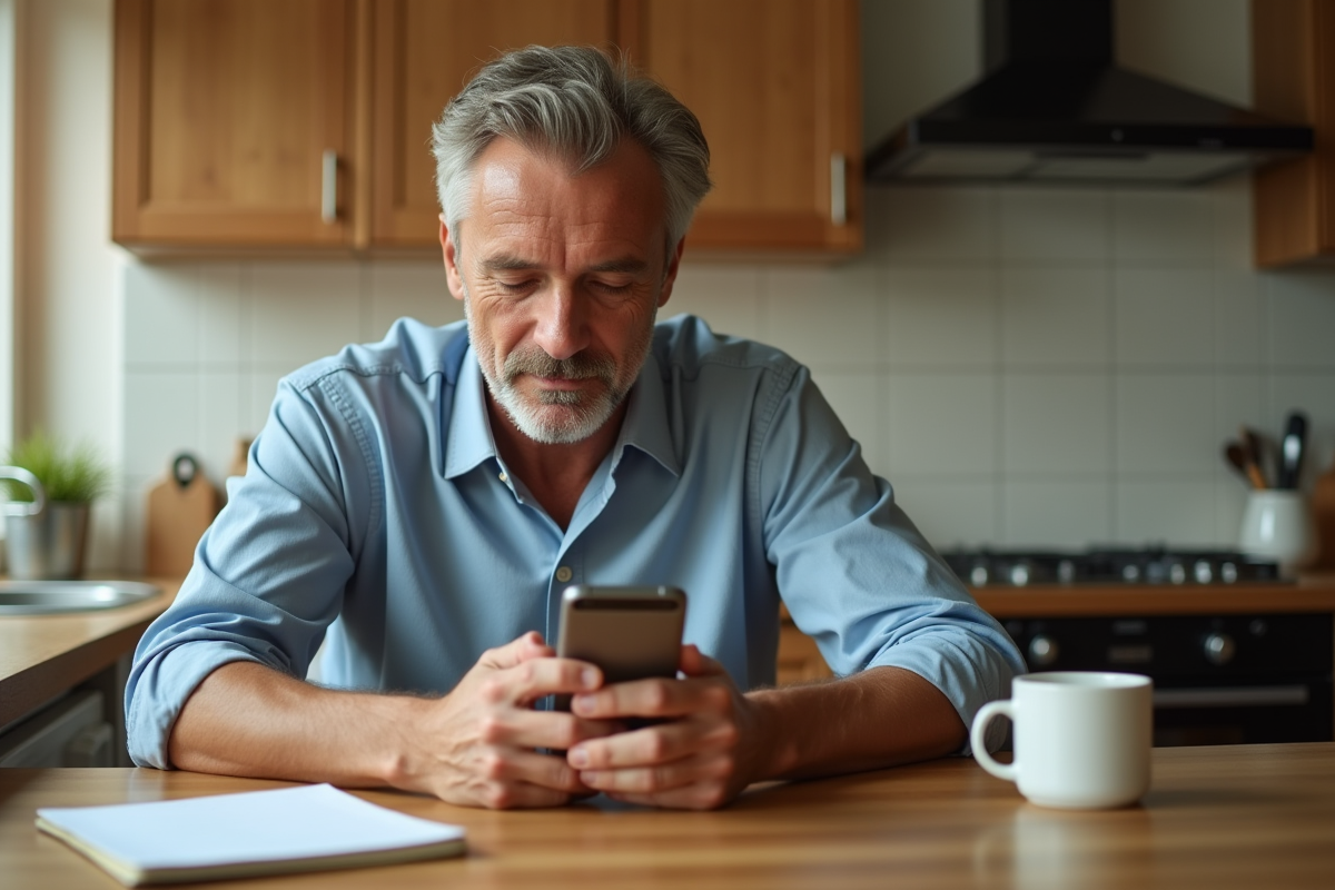 Homme détendu regardant son smartphone dans une cuisine lumineuse
