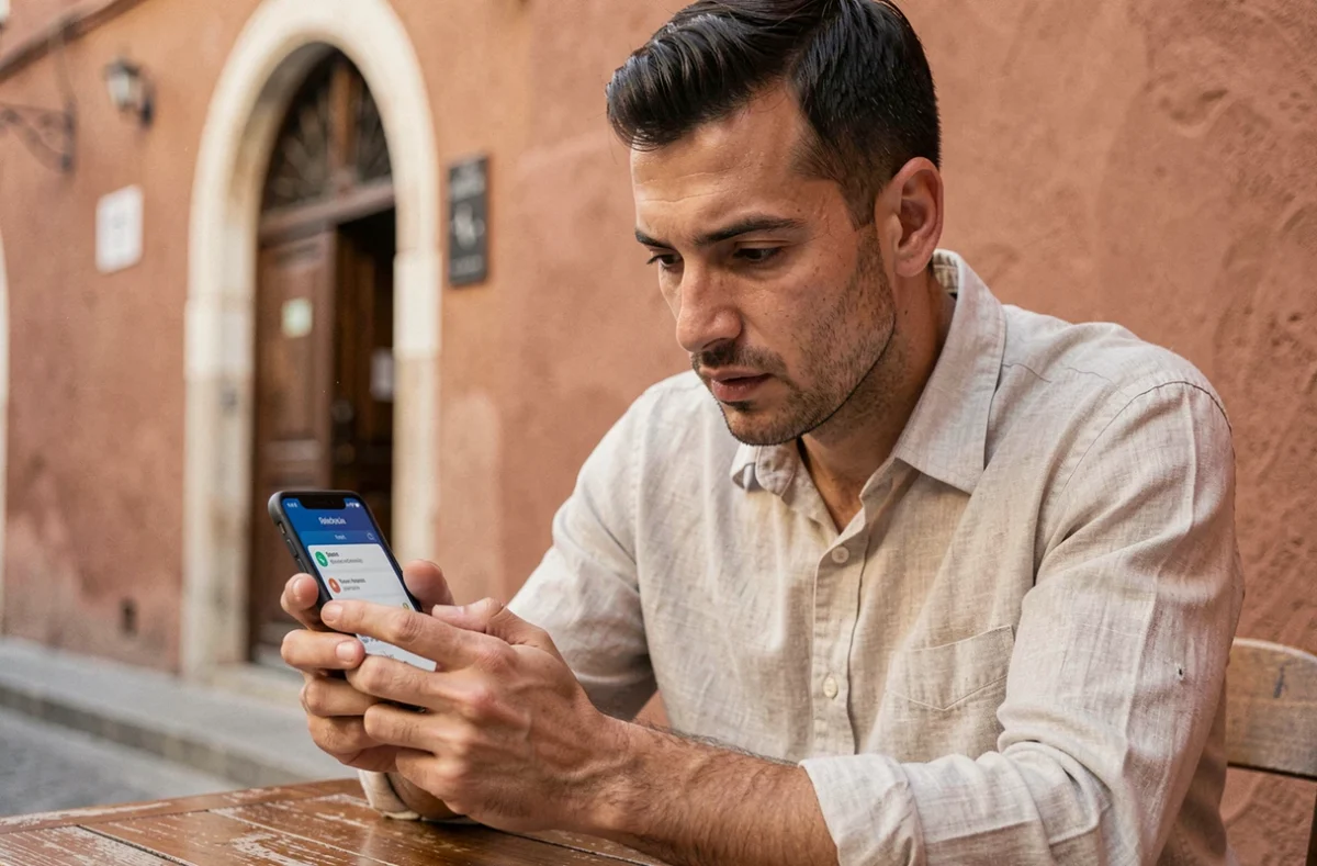 Homme utilisant un smartphone avec une eSIM Maroc Telecom dans un café marocain