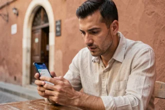 Homme utilisant un smartphone avec une eSIM Maroc Telecom dans un café marocain