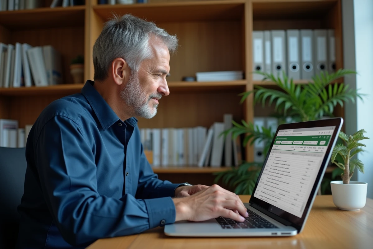 Homme travaillant sur Excel depuis son bureau à domicile avec un panneau figé visible sur l'écran du laptop