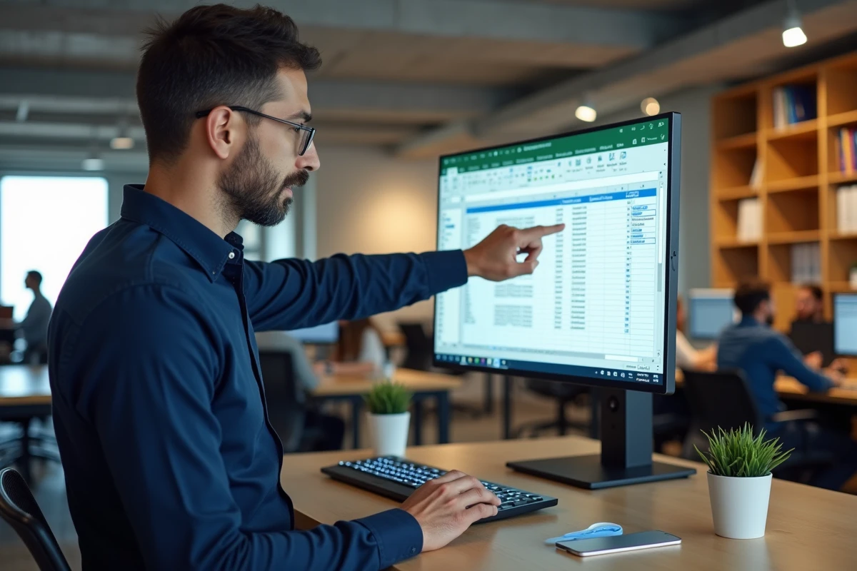 Homme debout devant un écran affichant une formule MOYENNE Excel avec filtre automatique activé
