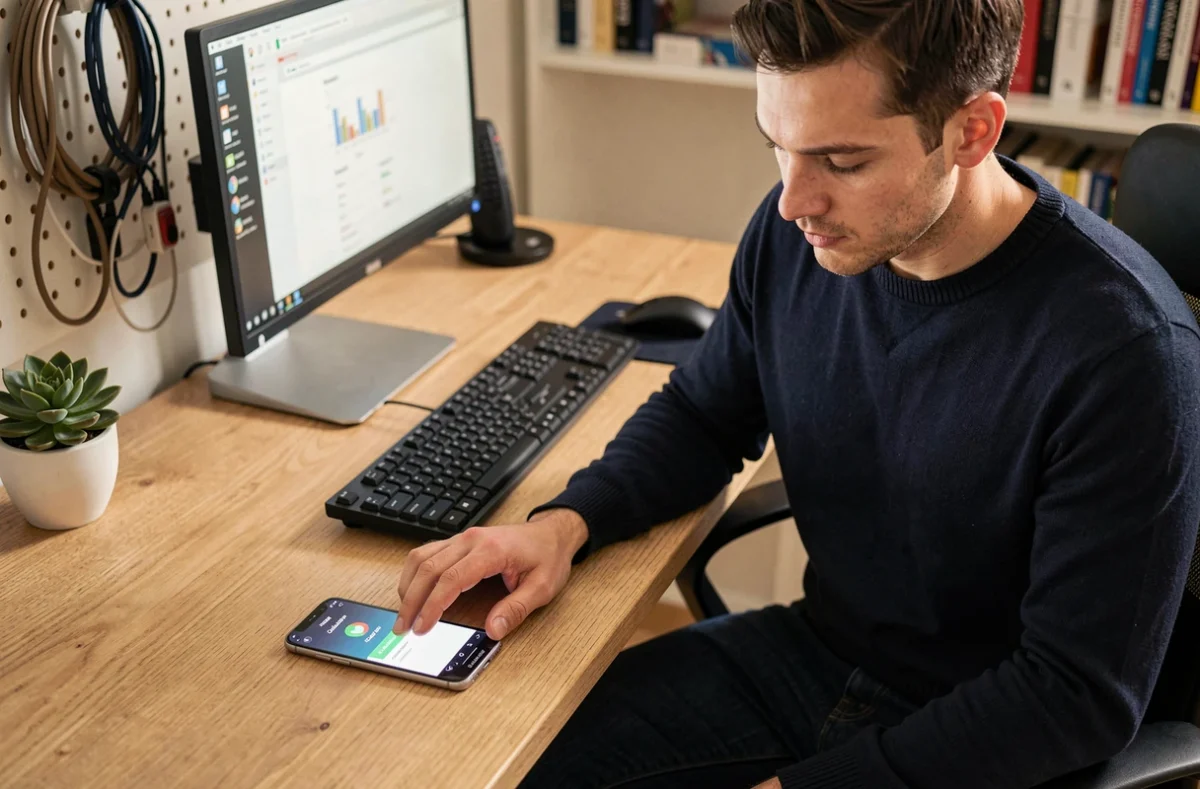 Homme utilisant le geste de balayage de la paume pour capturer l'écran de son Samsung depuis son bureau à domicile
