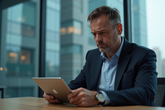Homme informaticien professionnel regarde une alerte cloud sur sa tablette