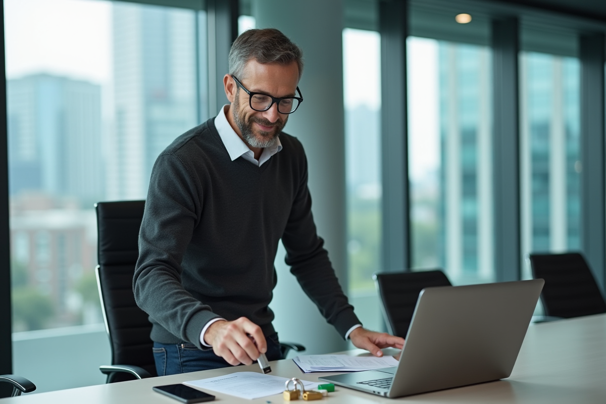 Homme insérant une clé USB dans un ordinateur en réunion
