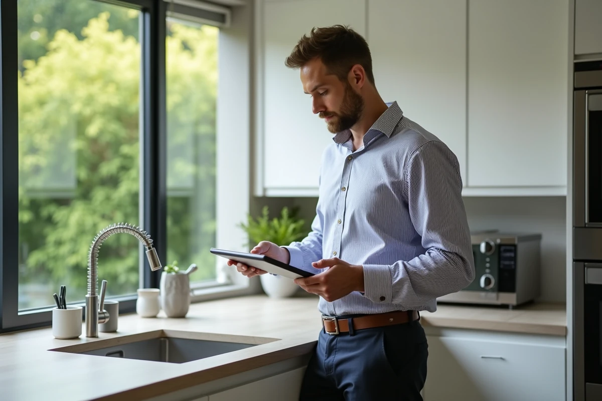 Homme dans la cuisine utilisant une tablette pour Gmail