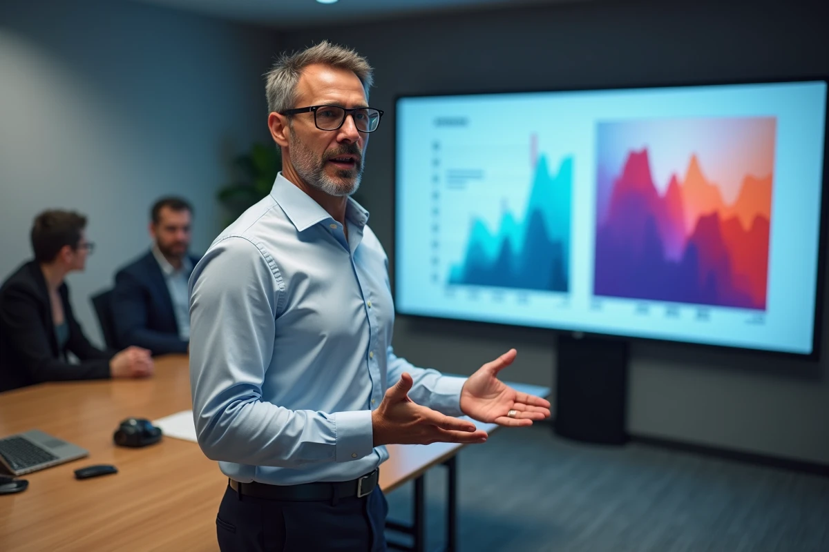 Homme présentant des slides dans une salle de réunion professionnelle