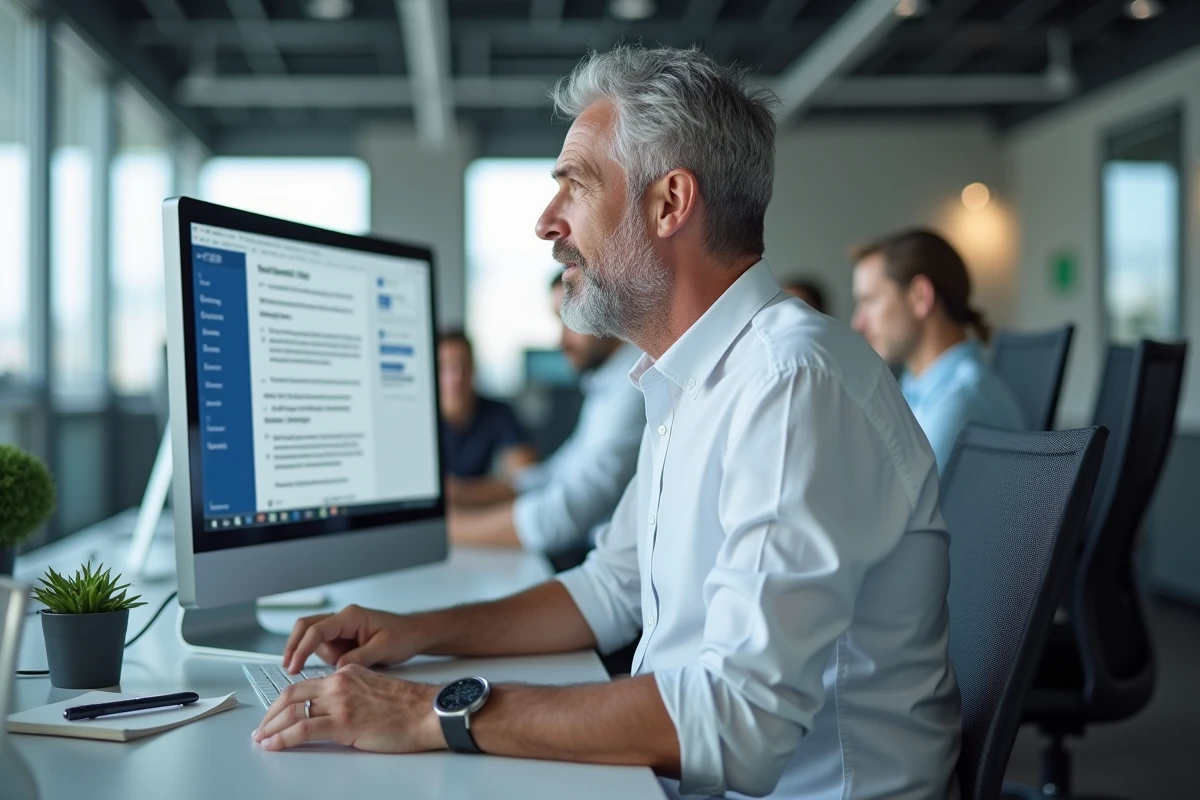 Homme en open space consultant le compteur de mots Microsoft Word sur un grand écran de bureau
