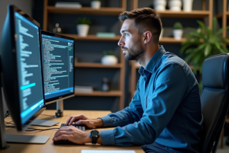 Homme d'âge moyen examinant un écran réseau dans un bureau