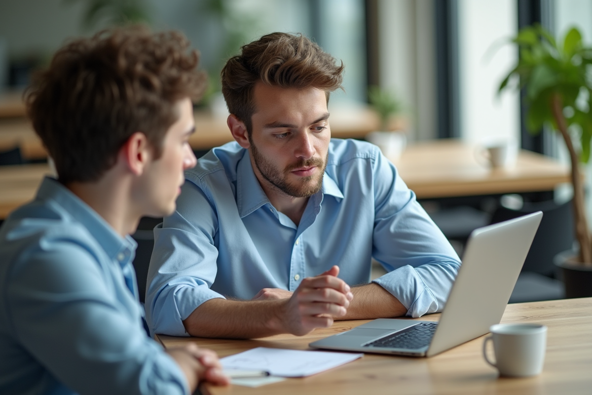 Jeune homme partageant une formule sur une tablette en coworking