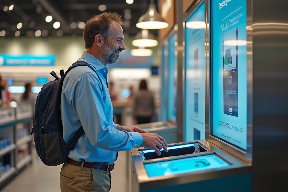 Homme dépose un vieux smartphone dans un recyclage urbain