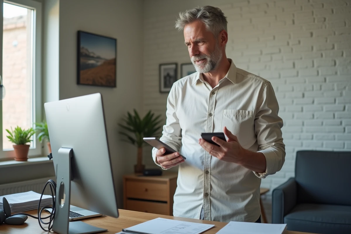 Homme vérifiant un routeur WiFi dans un bureau à domicile lumineux