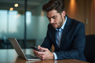 Jeune homme d'affaires scannant son empreinte digitale