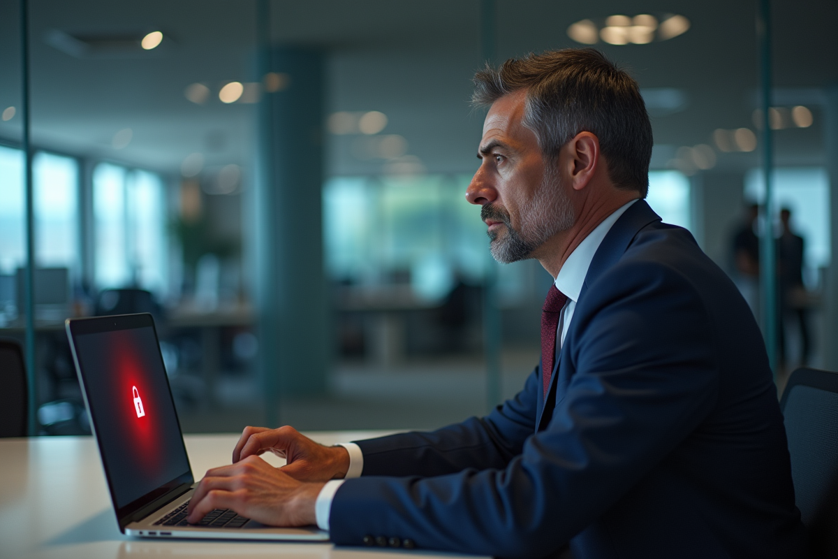 Homme sérieux en costume regardant un ordinateur avec alerte sécurité