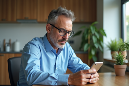 Homme d'affaires bloque un appel spam dans une cuisine moderne