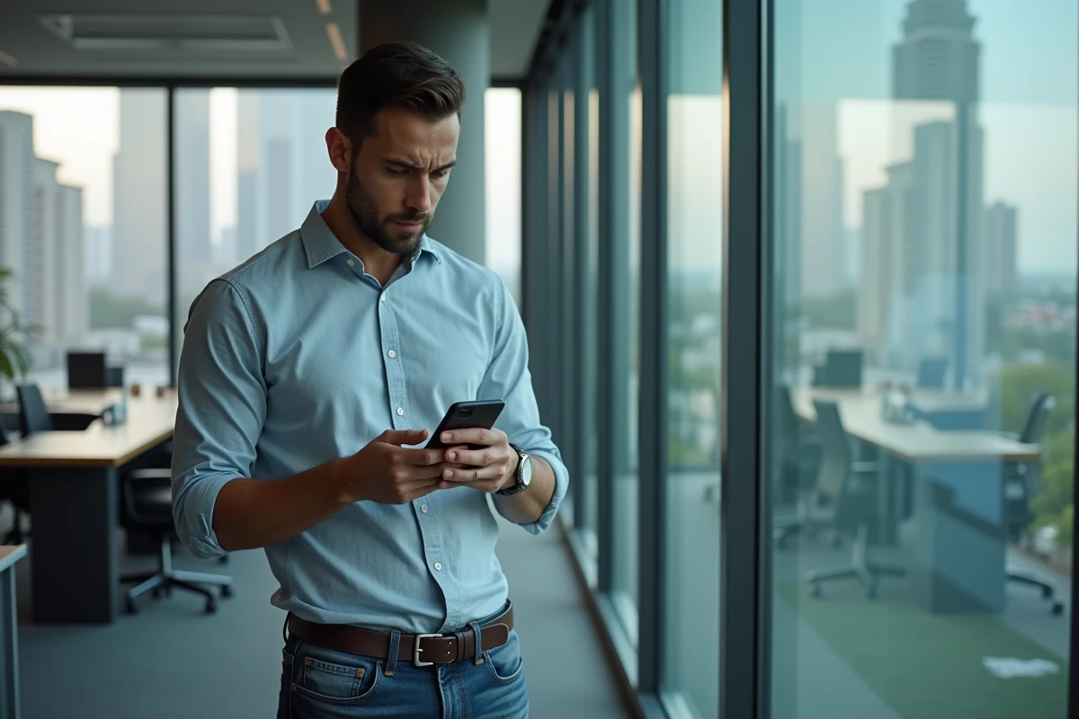 Jeune homme résolvant un problème de connexion avec son smartphone
