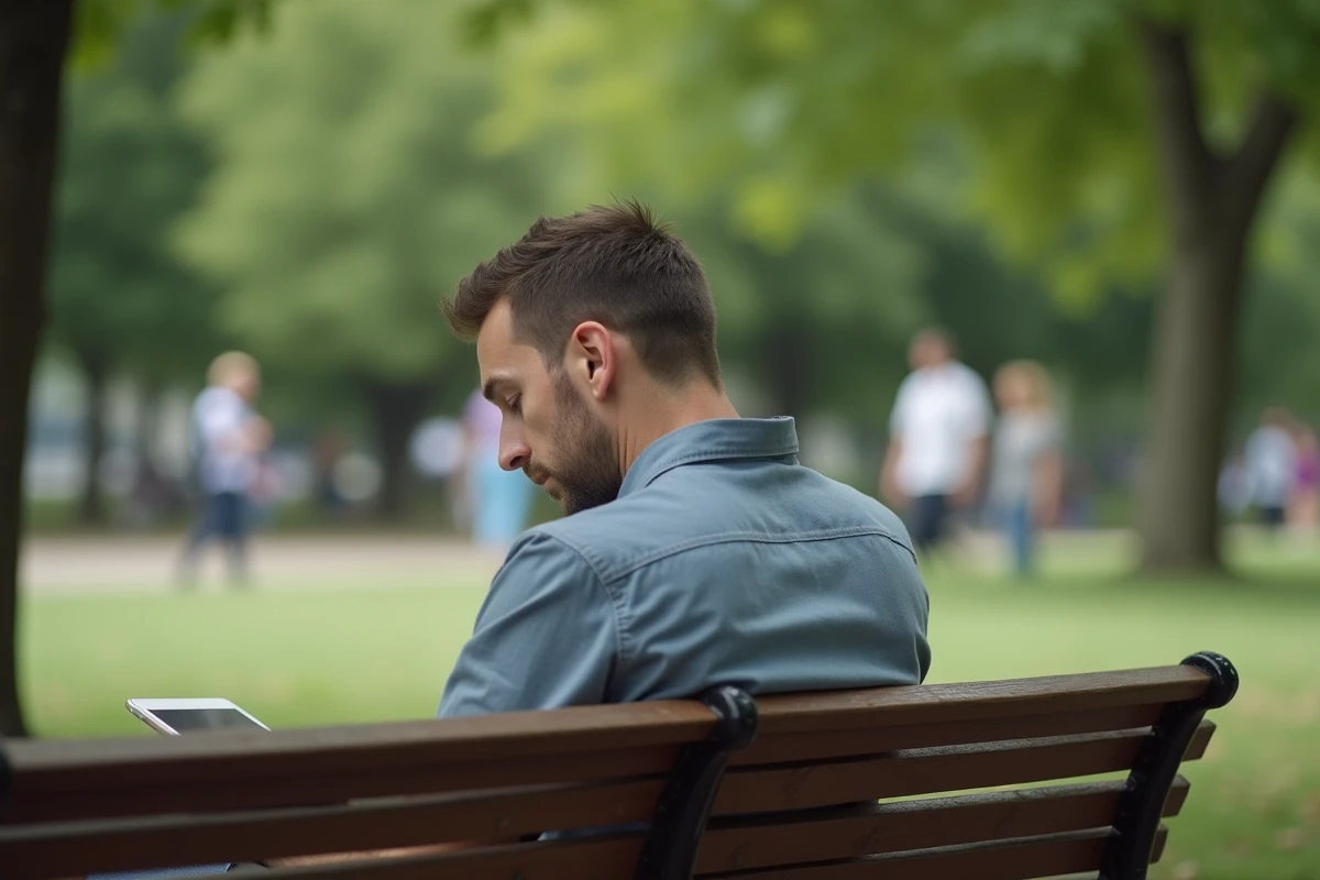 Homme utilisant une tablette dans un parc en plein air