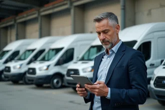 Homme professionnel examinant une tablette devant des vans modernes