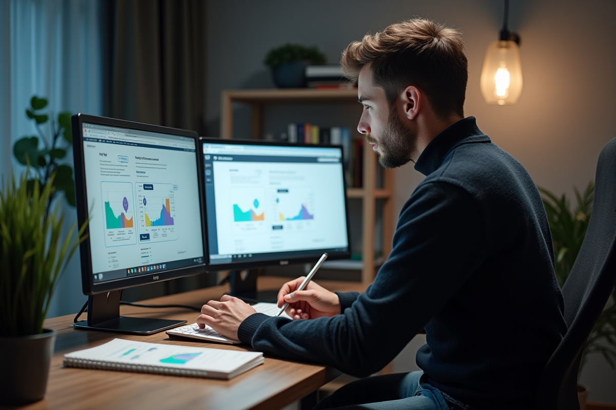 Jeune homme compare diagrammes VPN au bureau