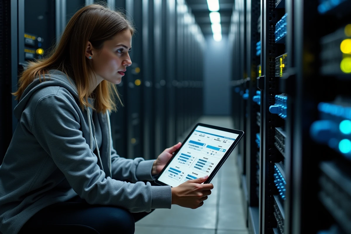 Ingénieure réseau consultant un tableau d'adresses IPv4 sur tablette devant un rack de serveurs dans une salle informatique